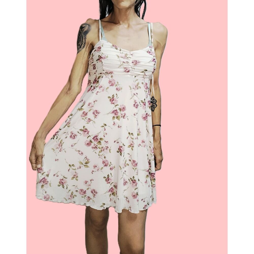 Kirious ~ Cream Pink Floral Spaghetti Strap Mini Dress ~ Size Medium